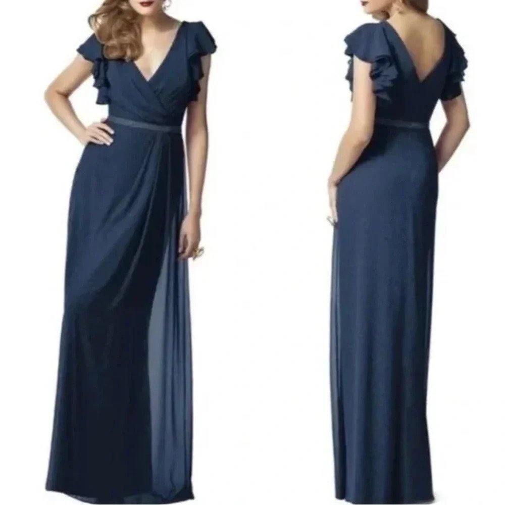 Dessy Collection Metallic Navy Blue Ruffled Sleeve A-Line Gown Dress